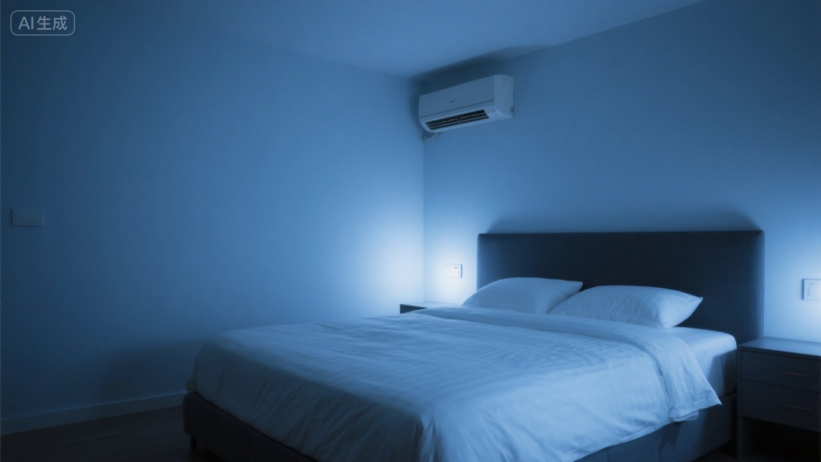 jimeng-2025-07-23-3898-深夜，在一个卧室里，有一张干净整洁的床，墙上有个开启的空调.jpeg